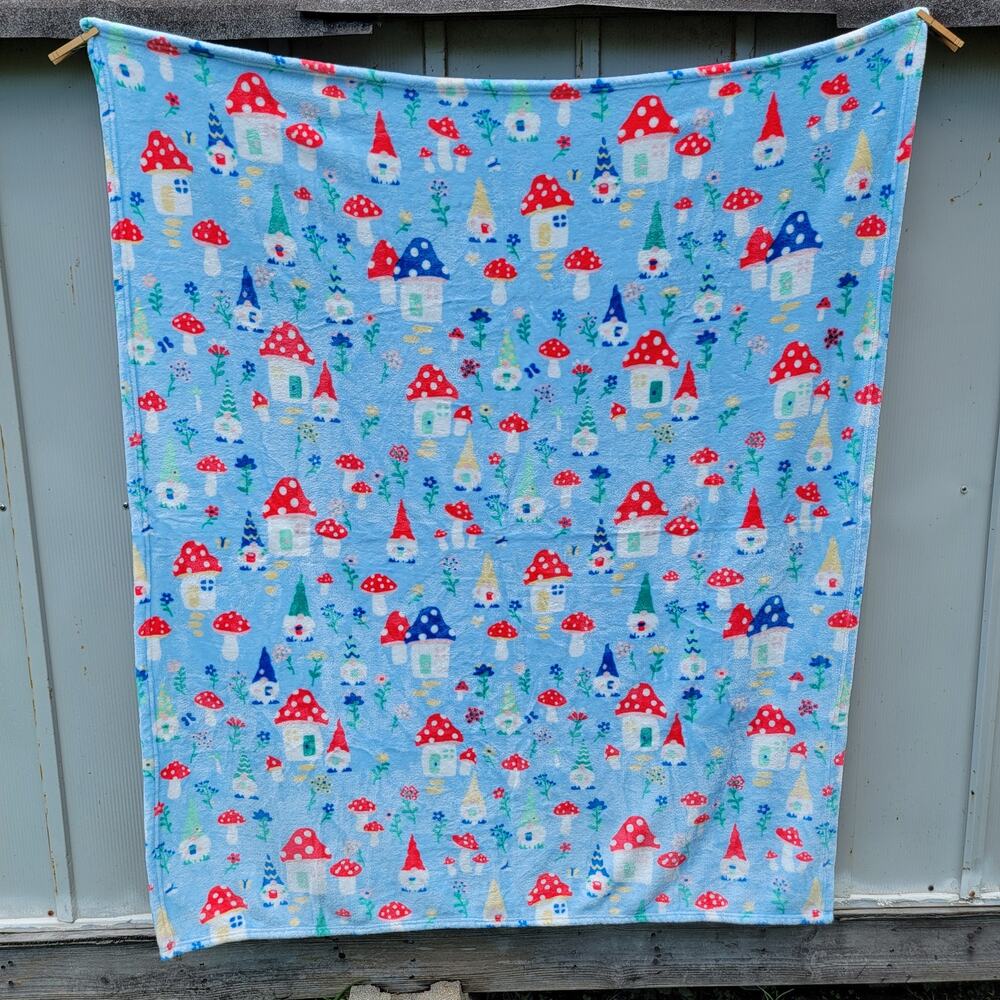 Light Blue Fleece Throw w/ Gnomes & Mushroom Houses - 50" x 59"